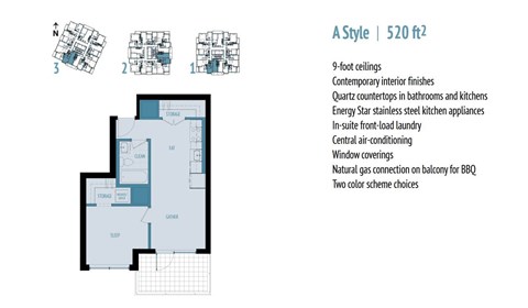 A blueprint of a house with a list of features on the right side.